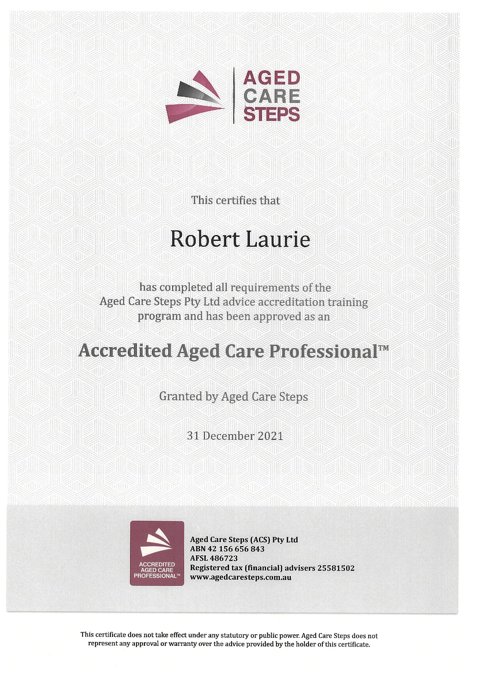 Accredited Aged Care Professional Certificate.