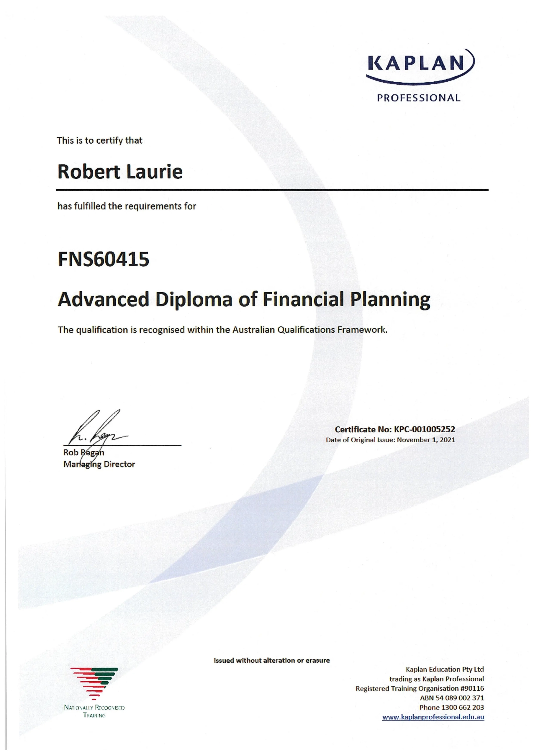 Advanced Diploma of Financial Planning Certificate.