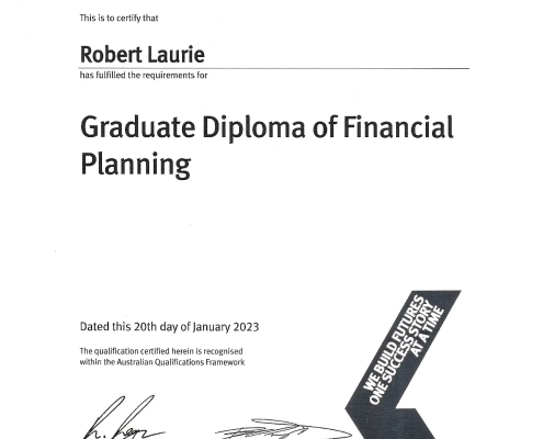 Graduate Diploma of Financial Planning Certificate.